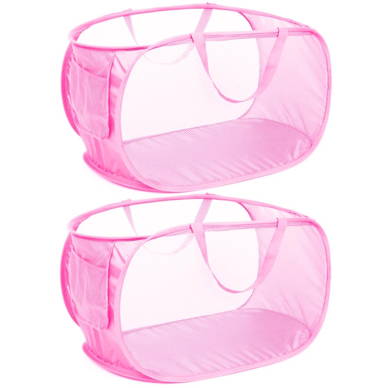 Bemkoo Durable Collapsible Laundry Baskets  Mesh Pop Up Laundry Hamper with Side Pocket  Foldable Clothes Hamper with Reinforced Carry Handles for Laundry  Bathroom  Kids Room  Dorm or Travel 2 Pack Pink - Image 1